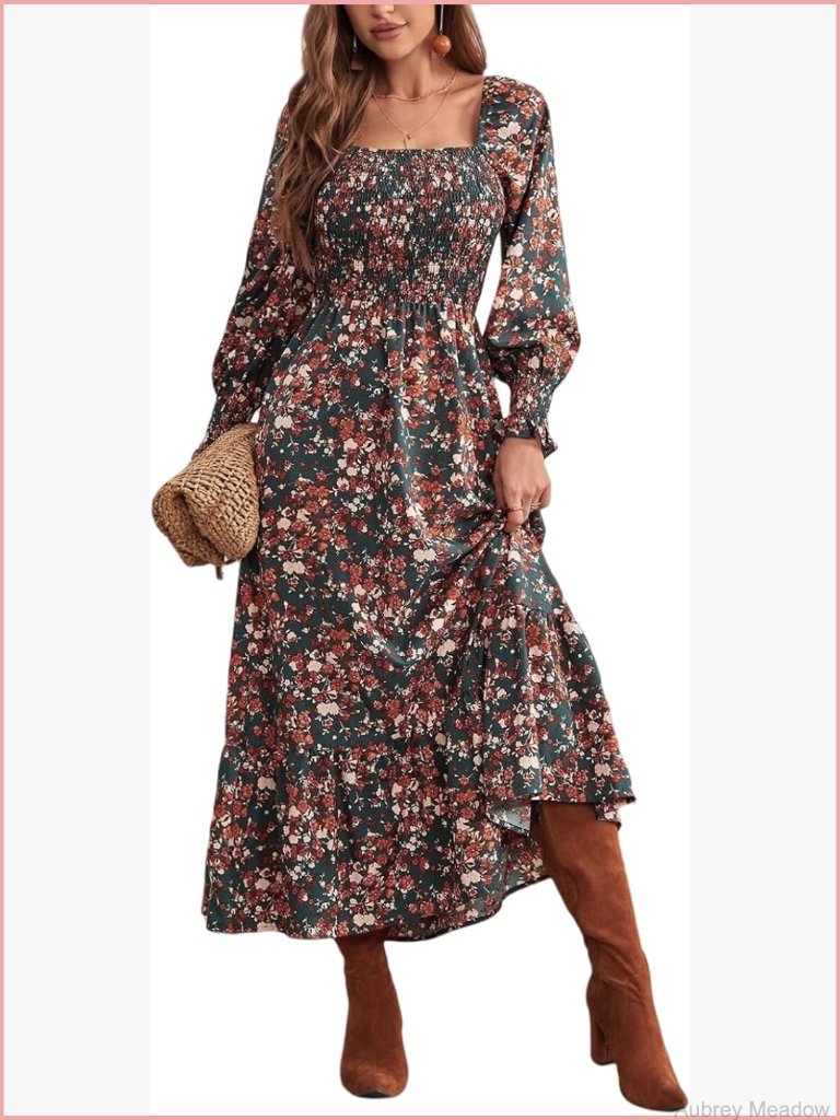 Square Neck Floral Long Sleeve Smocked Ruffle A Line Maxi Dress